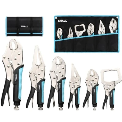 Image de SHALL pince étau 6 pièces, ensemble de pinces à étaux, mâchoires incurvées, bec, en C verrouillable, poignée TPR bicolore, pochette enroulable incluse