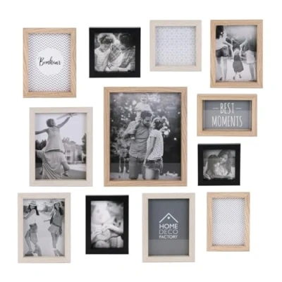 Image de Home Deco Factory HD4228 Cadre Photo Multiple Pele Mele 12 Vues Souvenirs, Bois MDF, Beige/Crème/Noir, 22,5x2x27,5 cm