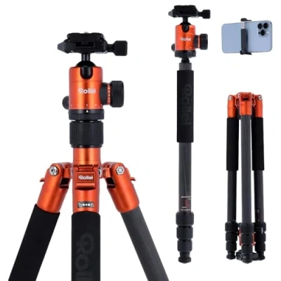 Image de Rollei C5i Tépied Appareil Photo Orange, 156cm Trepied de Voyage en Fibre Carbone Leger Camera Tripod avec Rotule Panoramique Charge Max. 8 kg Trépieds et Monopods Compact pour DSLR &amp; Smartphone