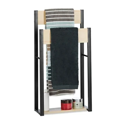 Image de Relaxdays Porte Serviettes Sur Pied Design U 2 Étagères Support de Bain SDB 86x45x19cm, Bois+Acier, Nature