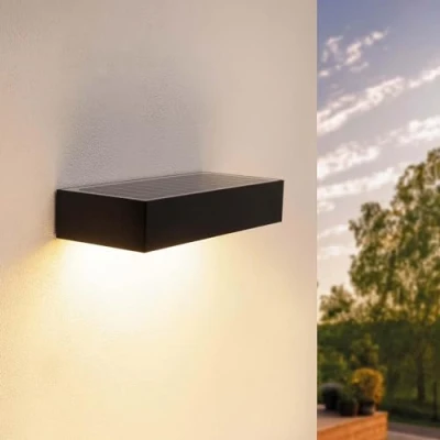 Image de Ledvion Applique solaire avec capteur de mouvement moderne, noir, 6 W, 3000 K, IP65 étanche et 220 lumens, détection interrupteur crépusculaire, efficacité énergétique