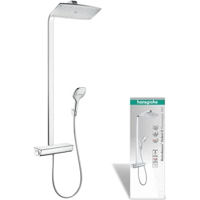 Image de hansgrohe Raindance E Colonne de douche avec mitigeur thermostatique, pluie (360 x 190mm) robinet, douchette, support, flexible douche, barre et tête carrée, Chromé,27112000