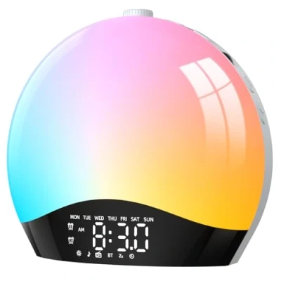 Image de LIORQUE Radio Réveil Lumineux avec Eveil Lumière, Reveil Simulateur d&#039;Aube sur Lampe de Chevet LED, Fonction Bluetooth, 20 Niveaux Luminosité, 22 Sons, 2 Alarmes Adaptateur Électrique inclus