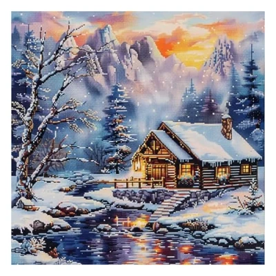 Image de 51buyoutgo Canevas Point de Croix Broderie Kit Complet Adulte Debutant Compté Pré Imprimé Estampillé Moderne Débutant avec Fils, Facile Neige Paysage 11ct Cross Stitch Loisirs Créatifs Set