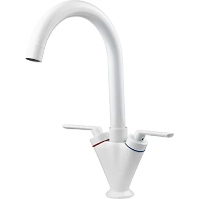 Image de Xcel Home™ Robinet d&#039;évier de cuisine blanc col cygne avec tuyaux raccords standard Double/double leviers Laiton massif Monobloc à bec pivotant 360 degrés 1 pièce