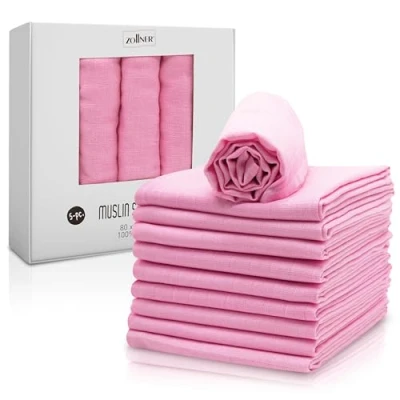 Image de ZOLLNER Set de 5 Langes en Mousseline, 80x80 cm, Coton, Rose