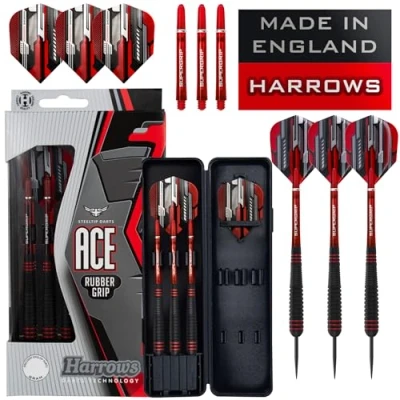 Image de Ace Rubber Black Darts Jeu de fléchettes à Pointe en Acier avec étui Transport 20g, 22g, 24g et 26g Comprend des tiges Supergrip ailettes Marathon 100 microns 22grmm