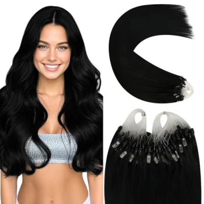 Image de YoungSee Extension Cheveux Micro Ring Noir 18 Pouces 45 cm Anneaux Remy Lisse Froid Humain Easy Loop a Chatain 50Brin/50G