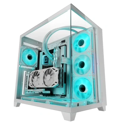 Image de MARSGAMING MC 3C, Boîtier Gaming ATX, Vue Panoramique 3D avec Triple Verre Trempé, Design à Double Chambre Latérale, Support Complet Refroidissement Liquide, Semi Tour PC Gestion des Câbles, Blanc