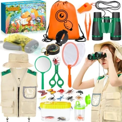 Image de POWZOO Kit Exploration Enfant,21 pcs Ensemble Explorateur Extérieur Jouets,avec Gilet et Chapeau,Jumelles,Boussole,loupe Plus Encore,Cadeau d&#039;exploration de la Nature d&#039;aventure pour Enfants.