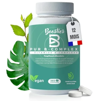 Image de vitamine B COMPLEX extra fort, avec toutes les (B1 B2 B3 B5 B6 B8 (Biotine) B9 (Acide folique) et B12), 365 comprimés, anti fatigue, stress, vitalité immunité, Végane, Boosties.