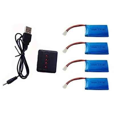 Image de YUNIQUE GREEN CLEAN POWER Ensemble de Chargeurs 1 à 4 et Batteries Lipo 500mAh pour Drone Compatible avec Hubsan X4, V252, Syma X5C, JJRC Recharge Efficace, 42X20X8 mm 13,5 GR, Bleu
