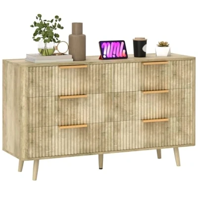 Image de HOMCOM Commode 6 tiroirs Meuble de Rangement Style scandinave avec poignées et Pieds pin, Bois Effet cannelé, Chambre à Coucher, Salon, Couloir 120 x 40 76 cm, chêne