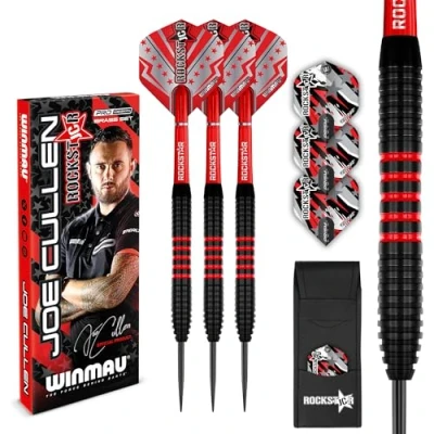 Image de WINMAU Darts Joe Cullen Rockstar 20g Laiton Jeu de fléchettes avec ailettes et tiges Carte Score Incluse