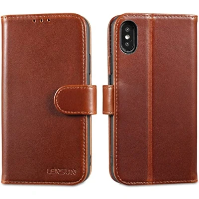 Image de LENSUN Coque iPhone XS/iPhone X, Etui Cuir Véritable 10 Portefeuille Housse[RFID Blocage] avec Rangements Cartes et Fermoir Magnétique pour X/XS Marron Foncé