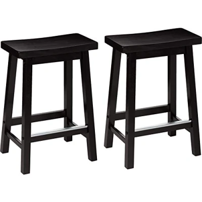 Image de Amazon Basics Lot de 2 Tabourets comptoir type selle, en bois massif, parfaits pour cuisine, 61 cm hauteur, Noir