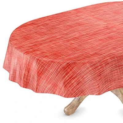 Image de ANRO Nappe en Toile cirée, Lavable, Ovale, Bord coupé, Aspect Textile, Rouge, 140 x 180 cm, pour Table de Jardin