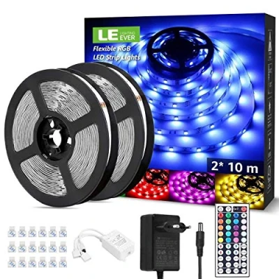 Image de Lepro 20M 36W Ruban LED RGB 5050 Multicolore Dimmable, Bande Lumineuse Adhésif Efficace 20 Couleurs 8 Modes avec Télécommande, Lumières Décoratives pour Chambre, Maison, Miroir, Cuisine (2 * 10M)