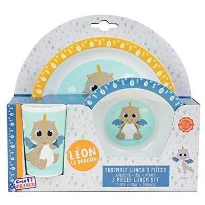 Image de FUN HOUSE 005801 LEON LE DRAGON Ensemble repas composé d’une assiette plate Ø 22 cm, creuse ou bol 16 cm et d’un verre 220 ml pour enfant Vaisselle réutilisable