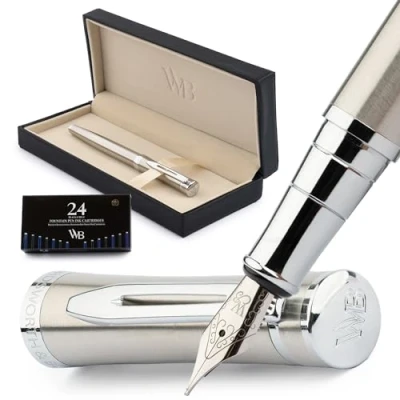 Image de Wordsworth &amp; Black Ensemble de stylo plume, Moyen Nib, comprend 24 cartouches d&#039;encre et un convertisseur recharge d&#039;encre, coffret cadeau, calligraphie, stylos à écriture lisse [Chrome argenté]
