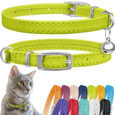 Image de CollarDirect Collier pour Chat en Cuir, de Sécurité avec Sangle Elastique, Chaton Cloche Noir Bleu Rouge Orange Vert Lime (Lime Verte, 20 28 cm)
