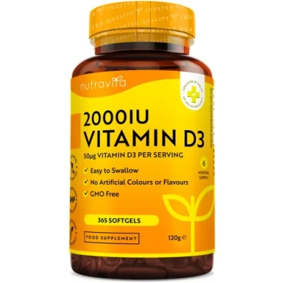 Image de Vitamine D 2000 UI (50μg) 365 VIT Softgel Capsules pour le maintien d&#039;un système immunitaire, de muscles, d&#039;os et dents sains D3 cholécalciférol Nutravita