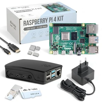 Image de Raspberry Pi 4 Kit de démarrage 8 Go Édition 64 Bloc d&#039;alimentation officiel 15 W Boîtier noir Câble Micro HDMI 4K dissipateur thermique