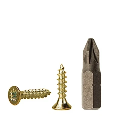 Image de Lot de 100 vis à bois en acier zingué jaune 3,0 x 10 mm, panneaux d&#039;aggloméré, Pozi Drive universelles, PZ entièrement fileté, tête fraisée Pozidriv (100, mm)