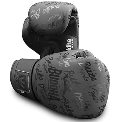 Image de Buddha Fight Wear. Gants d&#039;entraînement et de combat, édition spéciale, fabriqués à la main, boxe, Muay Thai, kick boxing MMA Noir mat, 400 ml