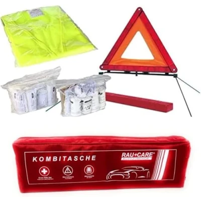 Image de Sacoche multifonctions pour véhicule Rouge Contient une trousse de secours conforme à la norme DIN 13164, un triangle signalisation ECE, gilet sécurité