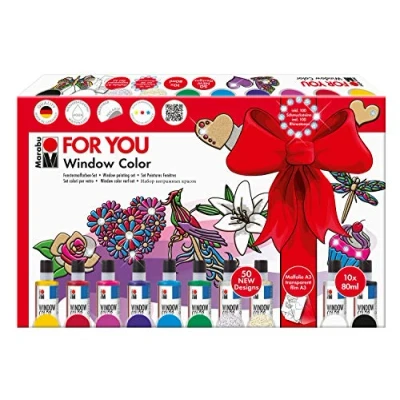 Image de MARABU Aquarelle Window Color Fun &amp; Fancy for You 50 modèles/ 2 Films A3 et 10 x 80ml, Ensemble de 161 pièces