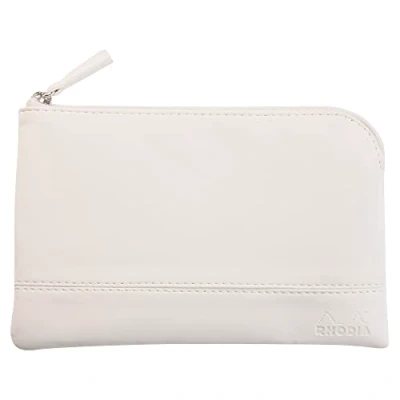 Image de RHODIA 116522C Pochette Zippée en Simili Cuir Blanc Taille S (11 x 17 cm) Coutures Véritables Intérieur Tissu Orange Rangement Documents, Petites Fournitures