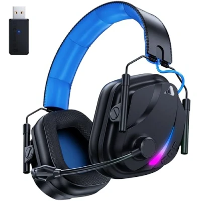 Image de Vakedy Casque Gaming sans Fil,Casque Bluetooth avec Microphone,PS5 Fil,pour PS4,PS5,PC,Mac,Switch,Mobile,Casque Fil à Double Mode de Commutation Noir/Bleu