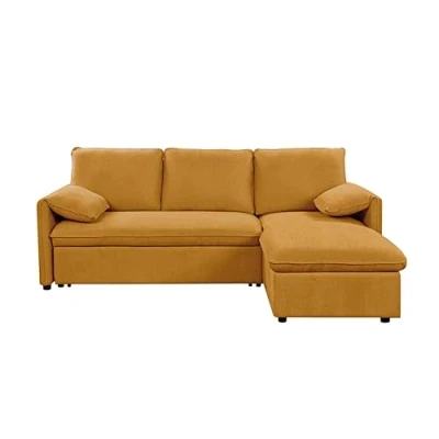 Image de Canapé d&#039;angle réversible convertible en tissu LOUNGITUDE MARTIN Jaune Coffre de rangement 3 places