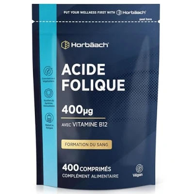 Image de Acide Folique Grossesse 400 mcg avec Vitamin B12 13 Mois Comprimés Vegan Complément Alimentaire pour Système Immunitaire Hautement Dosé par Horbaach