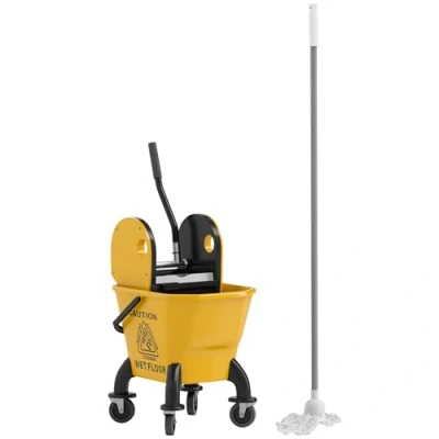 Image de HOMCOM Chariot de ménage Lavage Nettoyage Professionnel avec essoreuse à Pression Seau 26 L, poignée et serpillère, 45 x 31 90 cm, Jaune