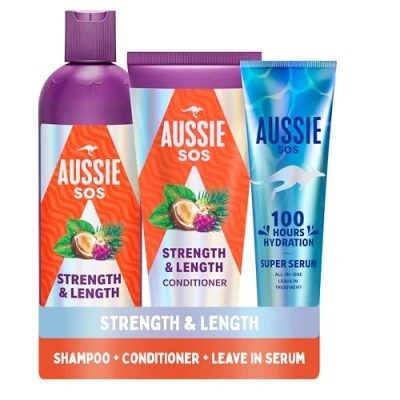 Image de Aussie Ensemble shampooing et après shampoing forts, hydrate renforce les cheveux longs faibles, nourrit fragiles pour aider à prévenir pointes fourchues la casse causée par