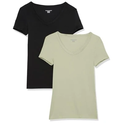Image de Amazon Essentials T Shirt Col en v à Manches Courtes Coupe Ajustée Femme, Lot de 2, Noir/Vert Sauge, L