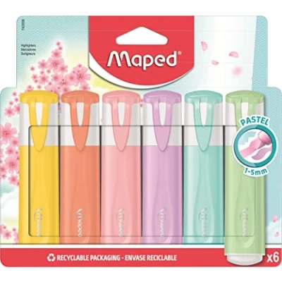 Image de Maped 6 Surligneurs Fluo&#039;Peps Pastel Pointe Biseautée Longue Durée pour Usage Scolaire et Professionnel Douce Couleurs Assorties, Pastel,