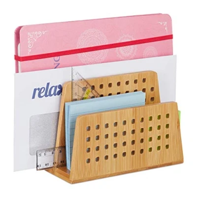 Image de Relaxdays porte documents en bambou avec 2 compartiments perforés et un lettres Format A5 Naturel