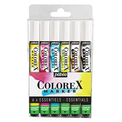 Image de Pébéo Marqueur Encre Colorex Set de 6 Aquarelle Couleurs Primaires Dessin Multi outil Tous Supports Jaune primaire, Magenta, Cyan, Vert printemps, Sépia, Noir d&#039;ivoire
