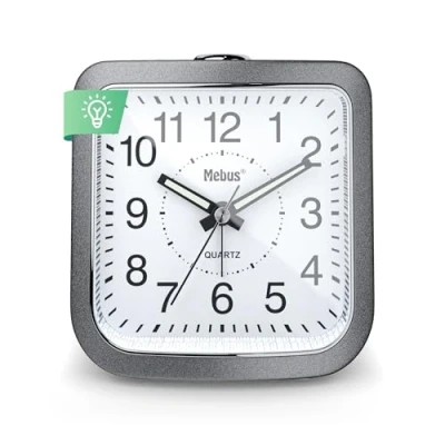 Image de Mebus Réveil à Quartz, Silencieux sans tic tac, Aiguilles Lumineuses, Alarme avec répétition de l&#039;alarme, Snooze, éclairage du Cadran sur Simple Pression d&#039;un Bouton, Couleur : Gris argenté, modèle