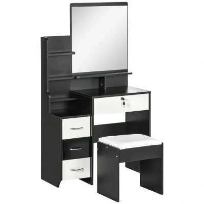 Image de HOMCOM Ensemble de Coiffeuse Table Maquillage avec Tabouret rembourré Grand Miroir + Plusieurs étagères Ouvertes 4 tiroirs Blanc Noir