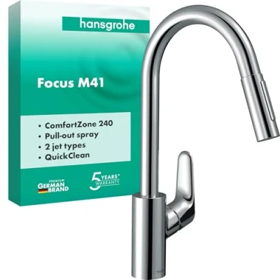 Image de hansgrohe Focus M41 Mitigeur de cuisine avec douchette extractible, 2 jets, Robinet hauteur sous bec 240 mm, Robinetterie pivotant et extensible, Chromé, 31815670
