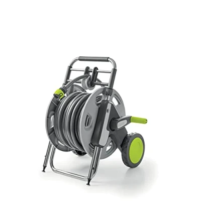Image de G.F. SRL, CONCEPT EASY GUIDE, dévidoir en plastique et métal avec 30 mètres de tuyau diamètre 5/8&quot;, système guidage du tuyau, pistolet, raccords connecteur, Gris/Vert