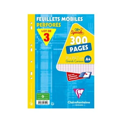 Image de Clairefontaine 175511AMZC Lot de 3 Étuis Feuillets Mobiles Perforés A4 21x29,7 cm 300 Pages Grands Carreaux Papier Blanc 90 g Étui Réutilisable