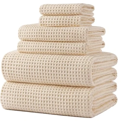 Image de POLYTE Lot de 6 serviettes bain surdimensionnées en microfibre non pelucheuses, à séchage rapide, 152,4 x 76,2 cm, beige clair, tissage gaufré)