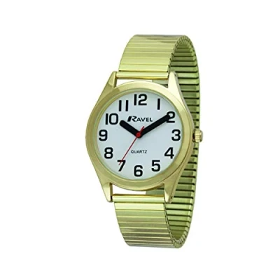 Image de Ravel Montre Femme à Bracelet Extensible en Acier Inoxydable avec Super Grands Chiffres et Aiguilles Ton Or/Cadran Blanc