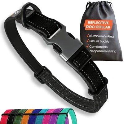 Image de Collier pour Chien de Taille Moyenne Noir réfléchissant réglable rembourré Boucle en métal Anneau V Aluminium Sécurité