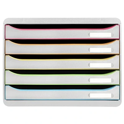 Image de Exacompta Réf. 308913D BIG BOX PLUS HORIZON Caisson 5 tiroirs pour documents A4+ Dimensions extérieures : profondeur 27 x largeur 35,5 hauteur 27,1 cm Blanc/arlequin/blanc